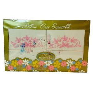 Vintage Pillowcases Embroidered Ensemble 1 Pair Fine Quality Pink White USA New